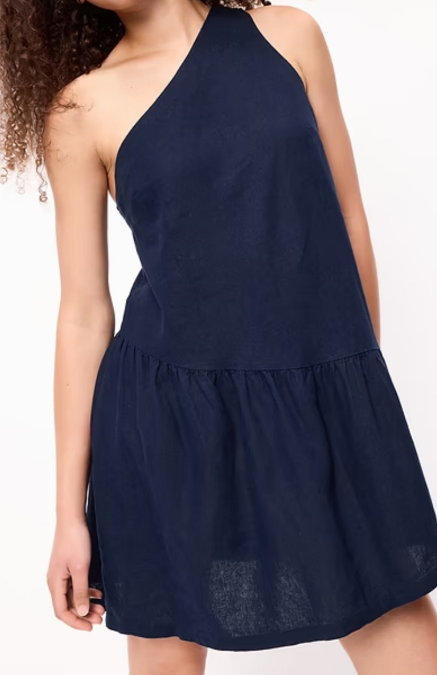 New One Shoulder Asymmetric Linen Blend Dress